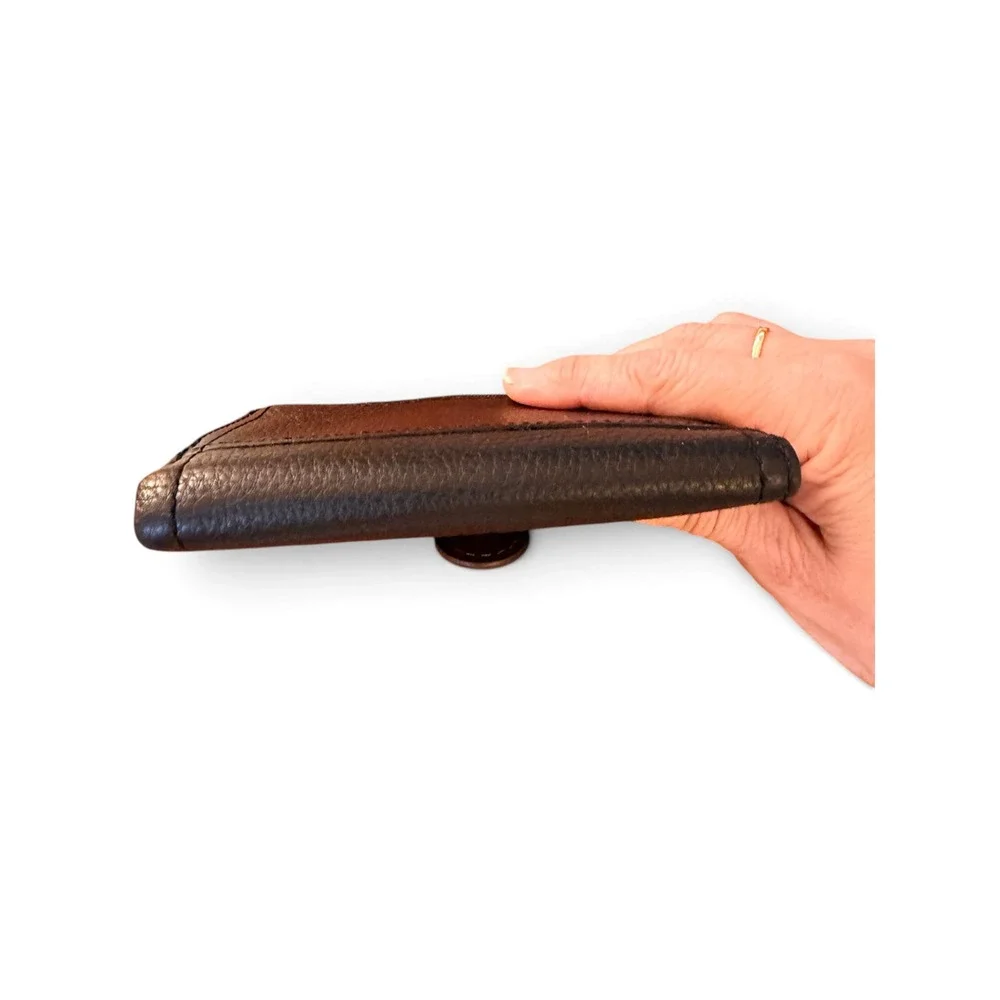 Fossil Trifold Wallet Black Pebbled Leather Brown Trim Card Slots Small
